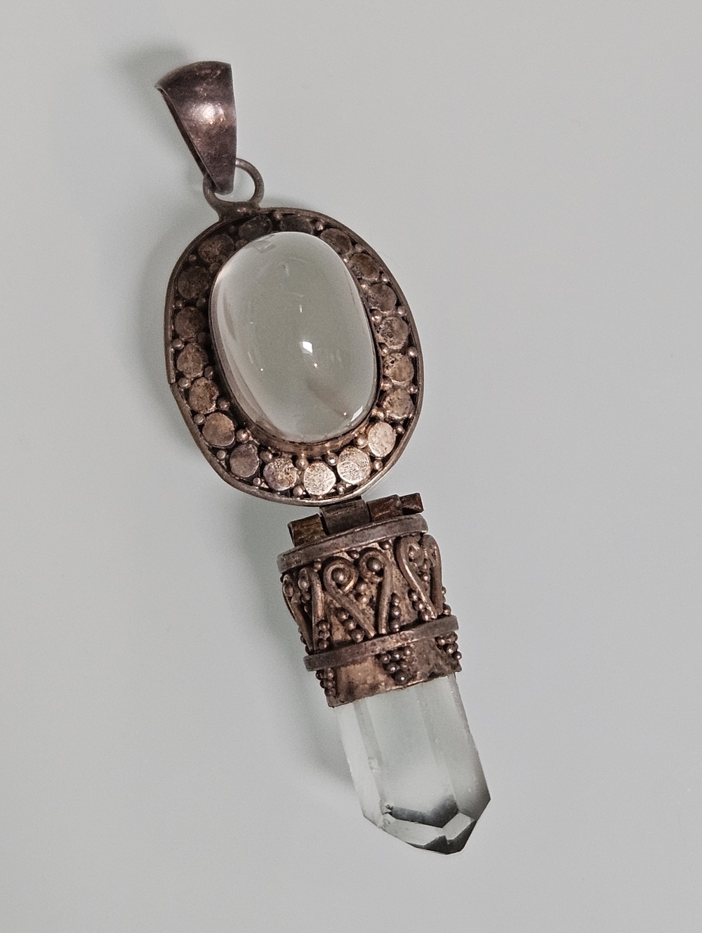 Sterling Silver Clear Quartz Vintage Boho Artisan Cabochon Amulet Pendant